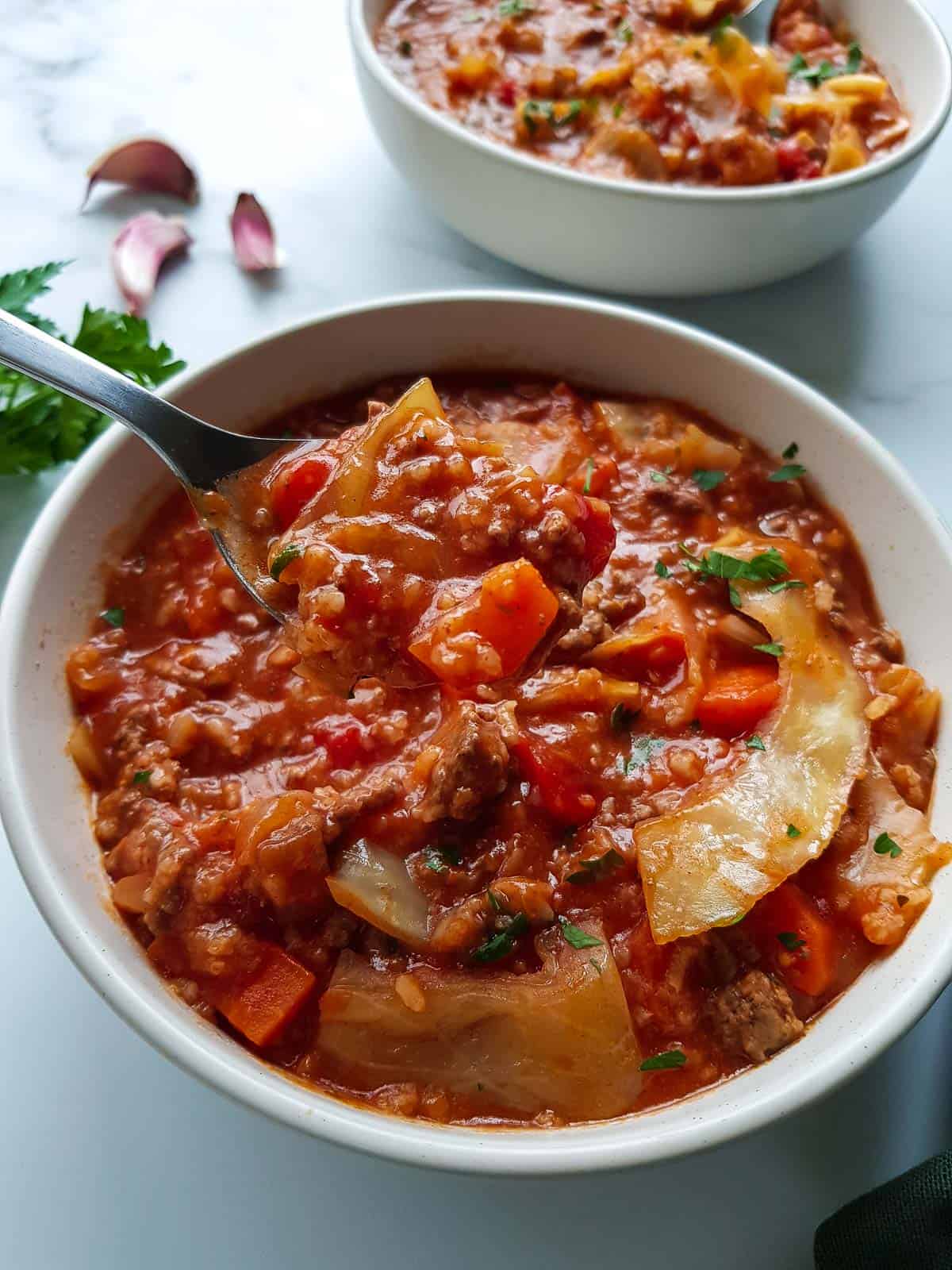 A spoon inserted to a bowl of cabbage roll soup.