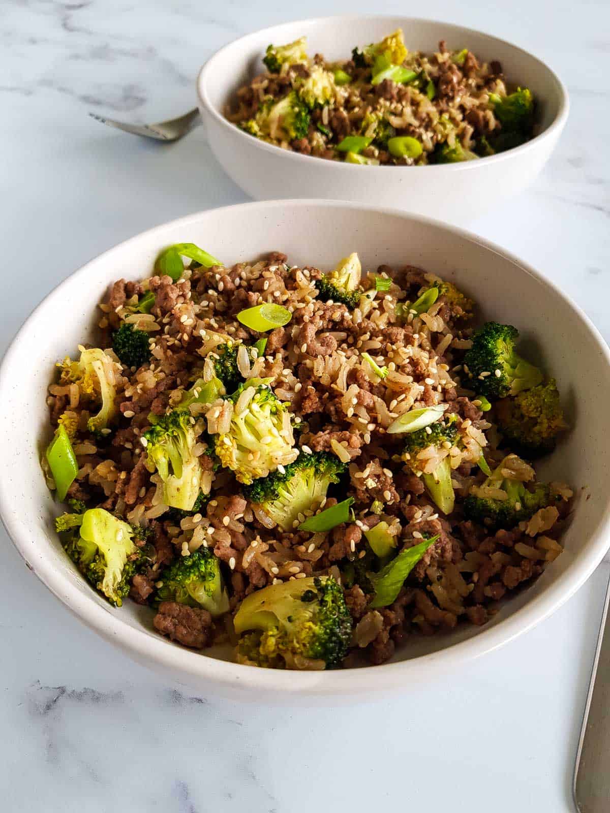 A bowl of broccoli, rice and ground beef with a fork next to it.