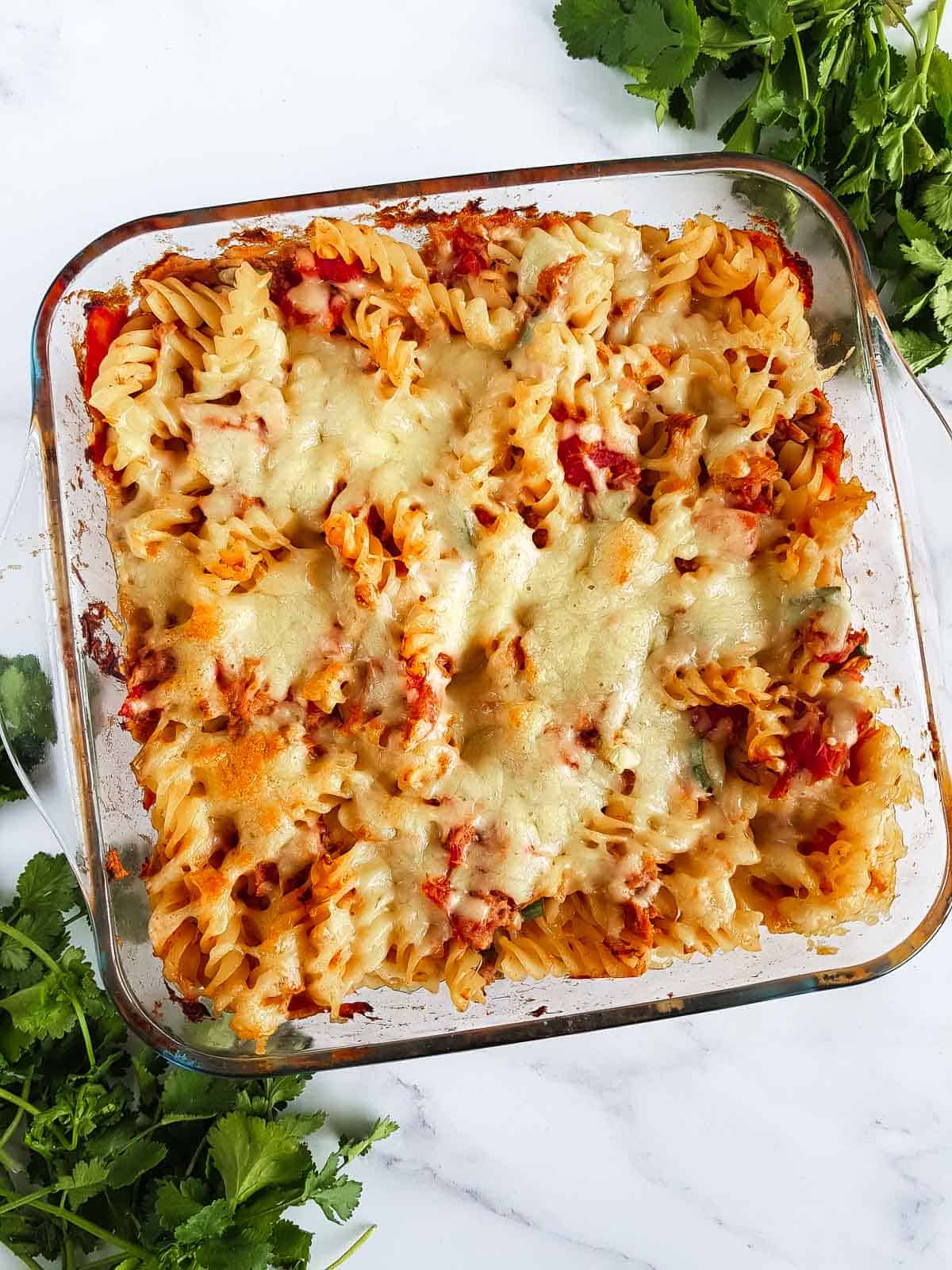 Tuna pasta bake in a casserole dish.