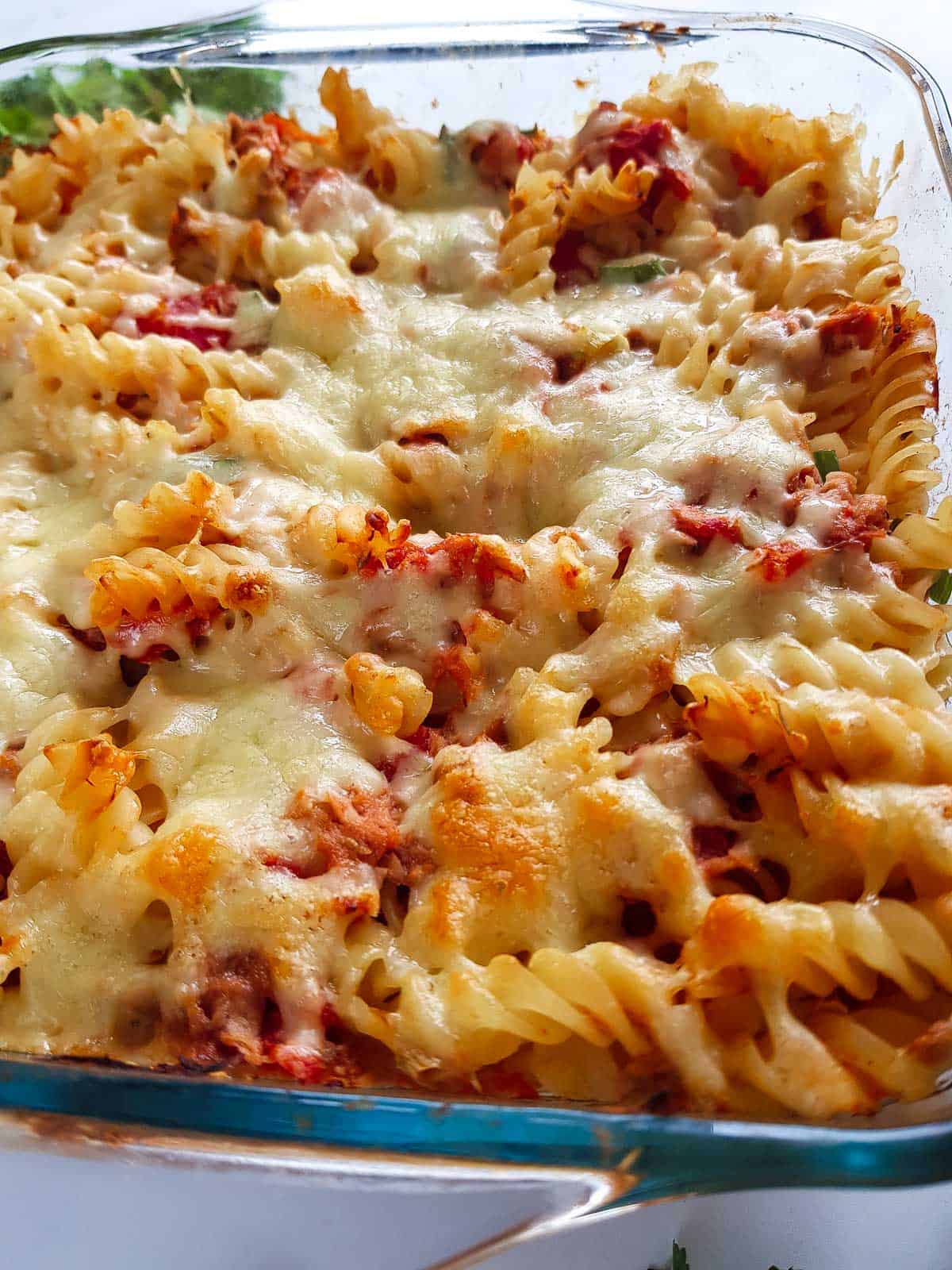 Close up of healthy tuna pasta bake.