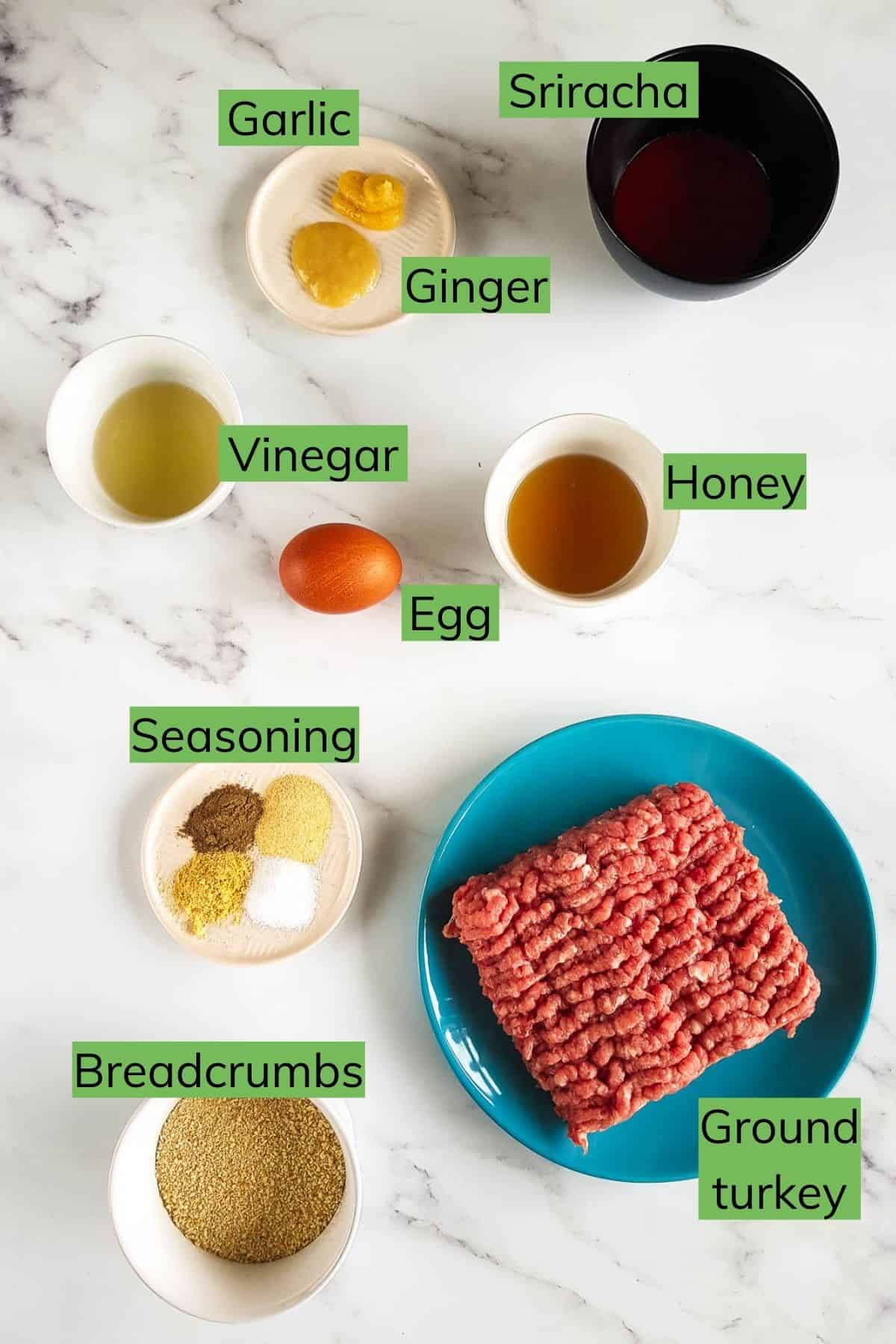 Ingredients required to make honey sriracha meatballs laid out on a table.