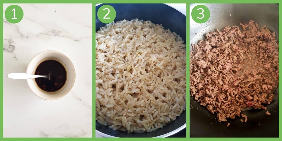 Step by step images showing how to make ground beef and broccoli.