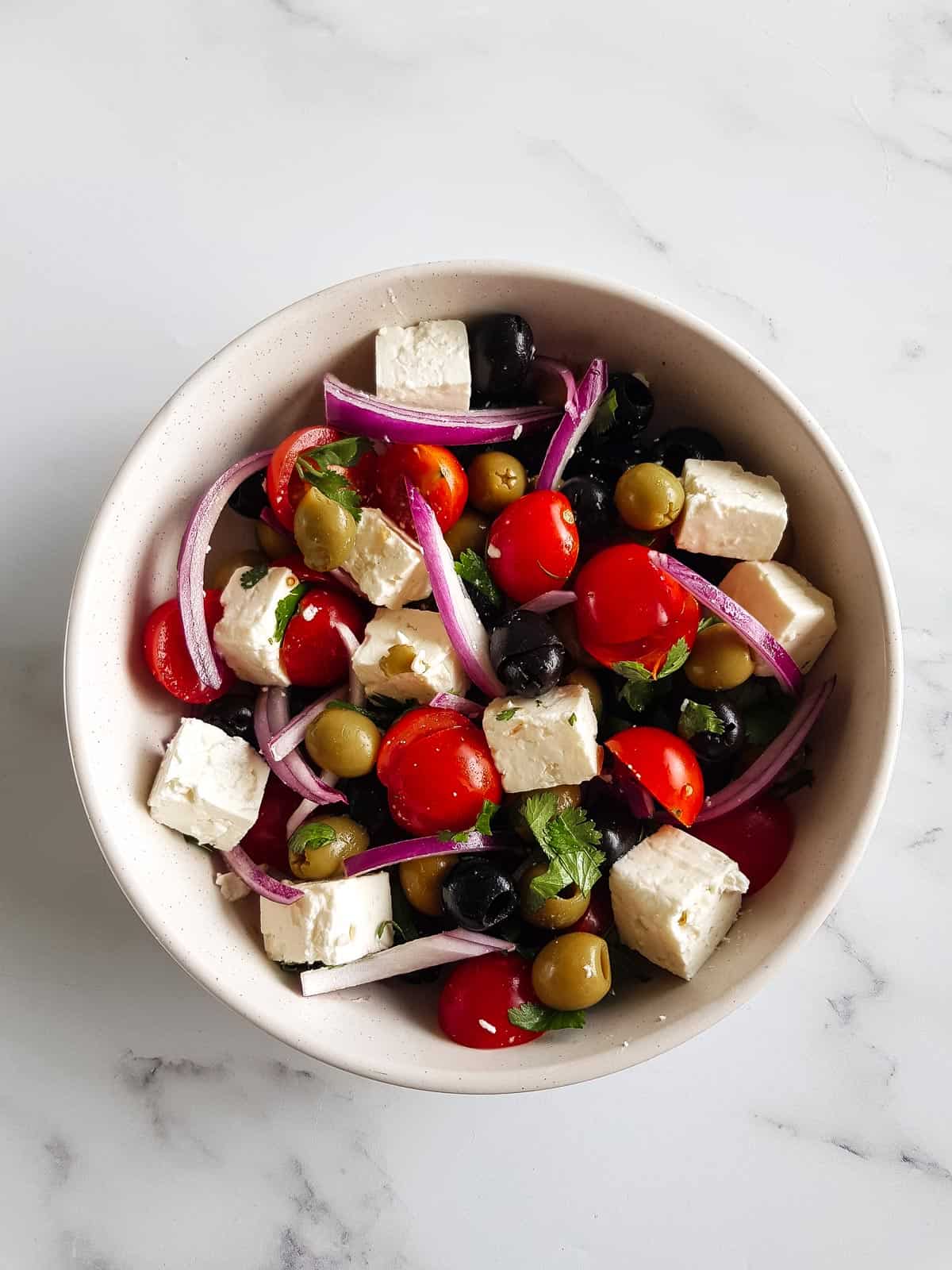 Mediterranean olive salad in a bowl.