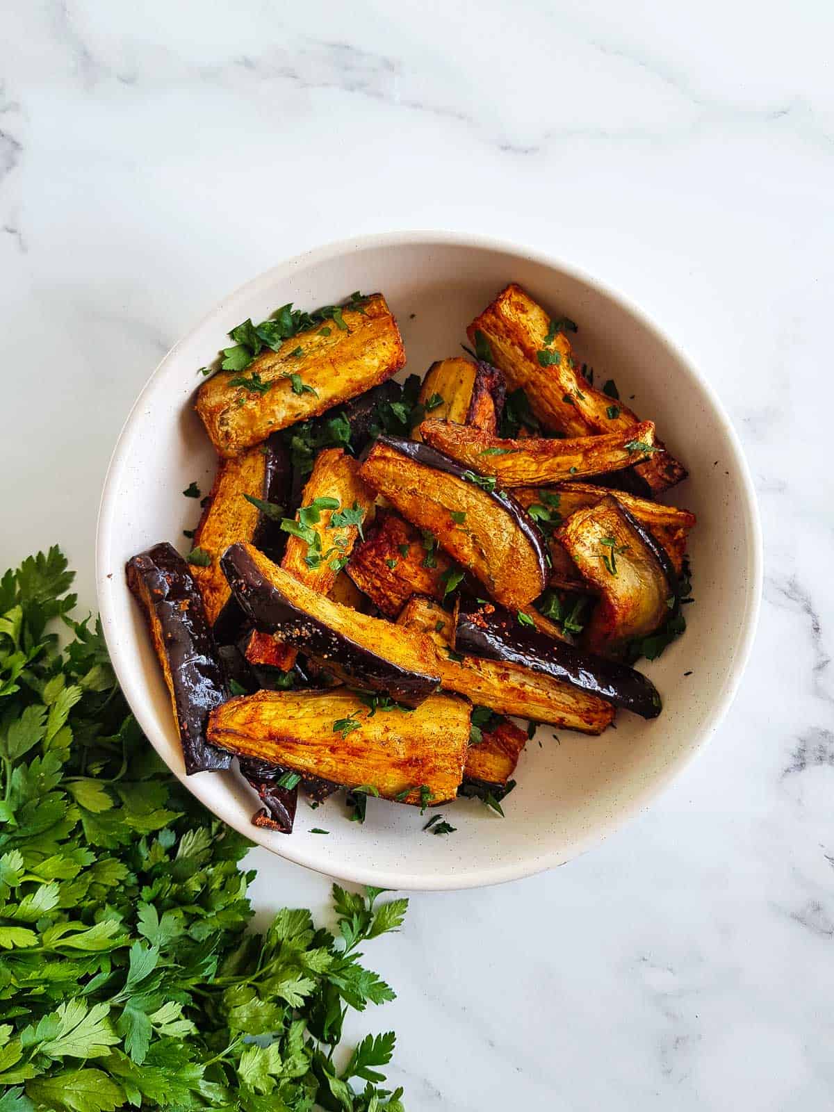 A bowl of air fryer eggplant.