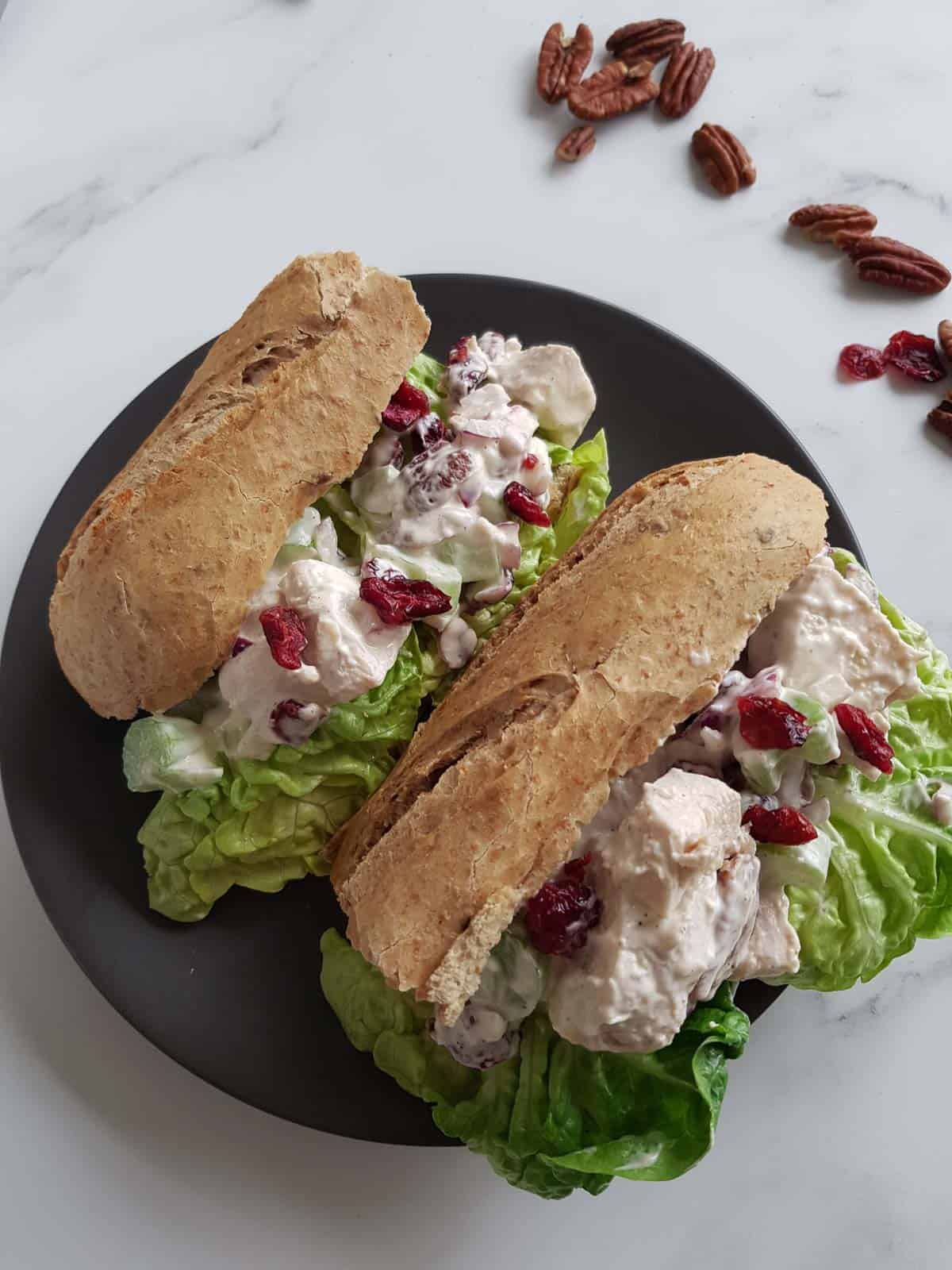 Chicken and cranberry salad in two sandwiches on a plate.