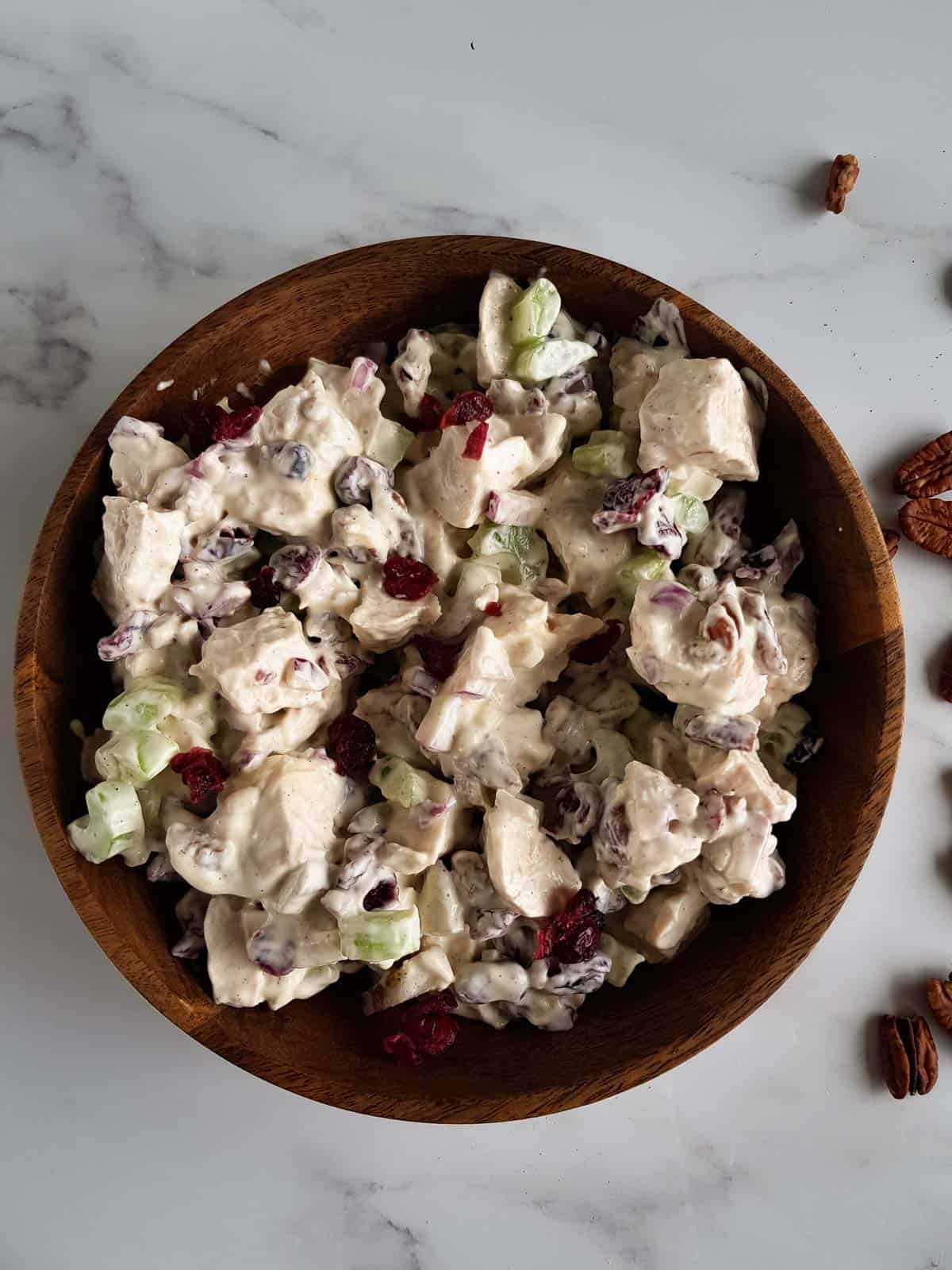 A bowl of chicken and cranberry salad.