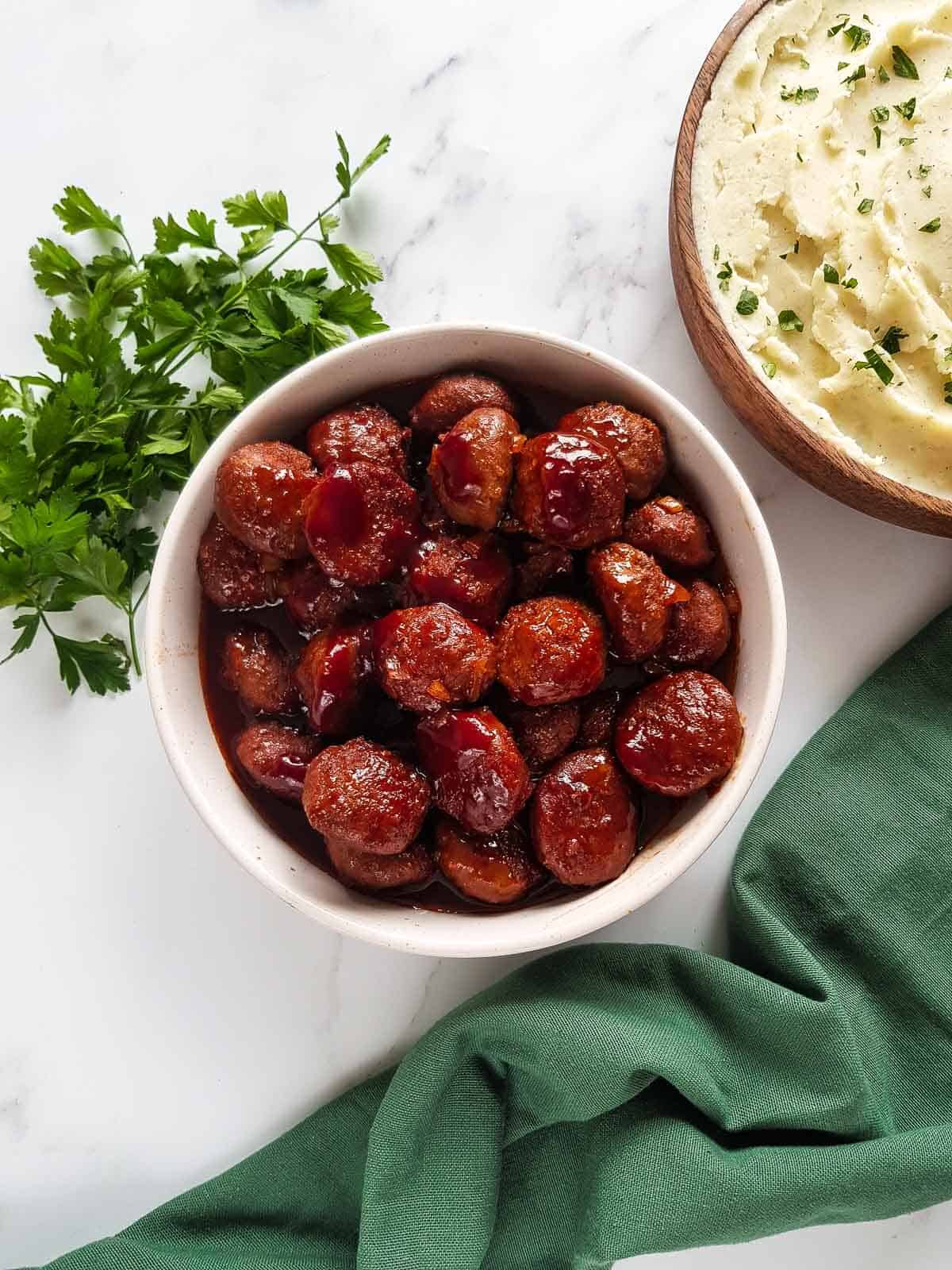 BBQ meatballs with mashed potatoes.