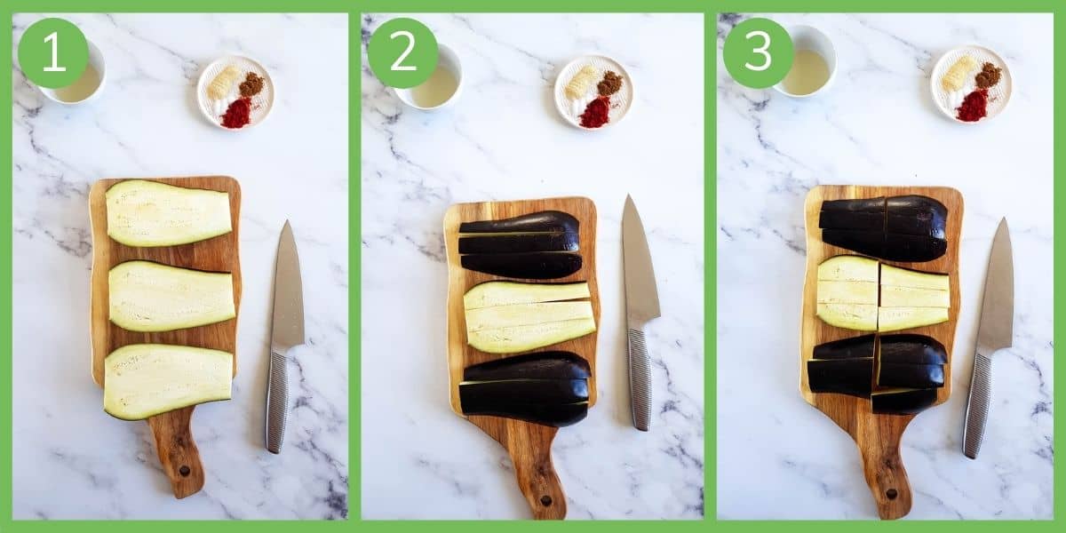 Step by step instructions showing how to cut eggplant fries.