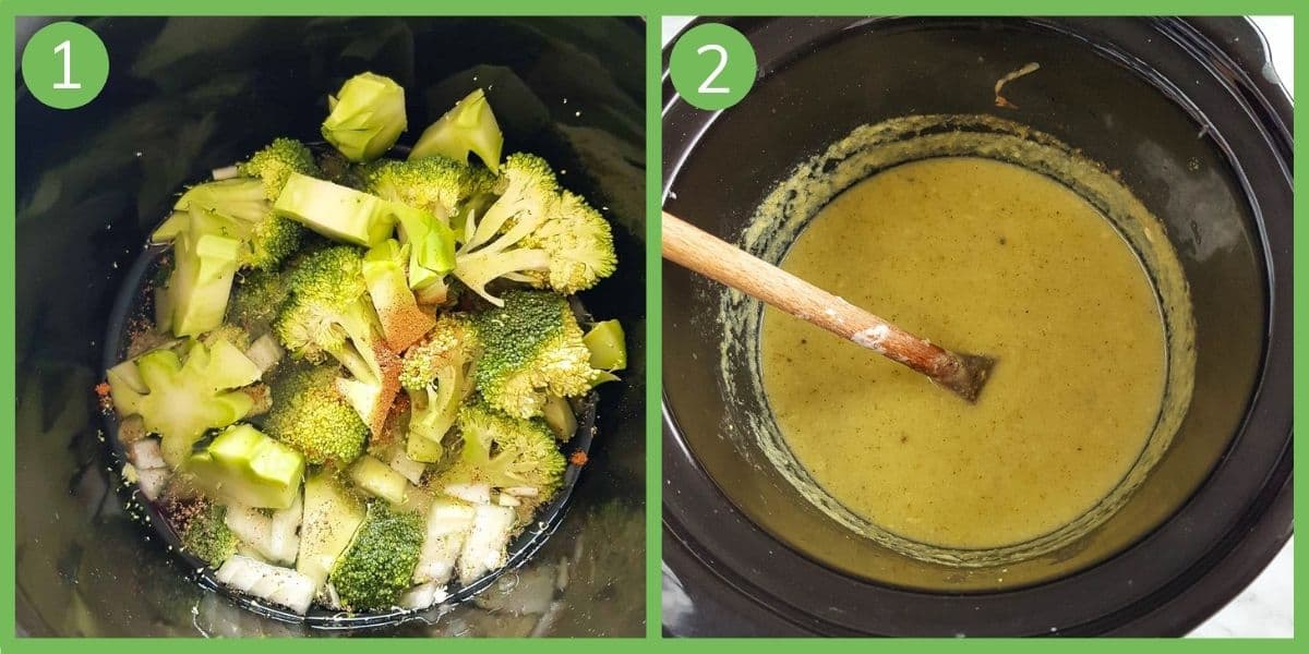 Step by step images showing how to make slow cooker broccoli cheese soup.