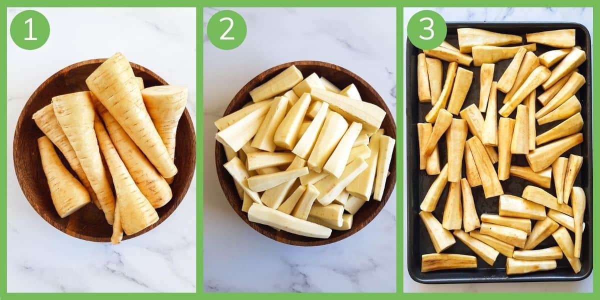 Step by step instructions for how to make honey roast parsnips.