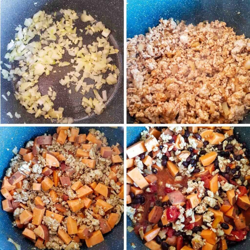 Step by step images showing how to make turkey sweet potato chili.