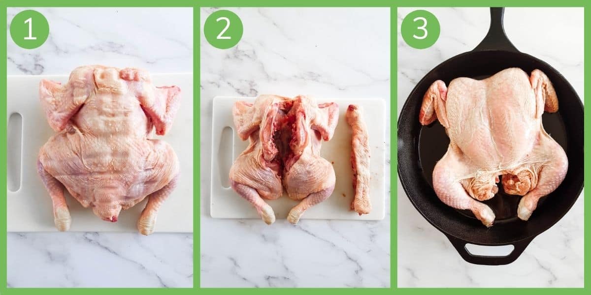 Step by step images showing how to spatchcock a chicken.