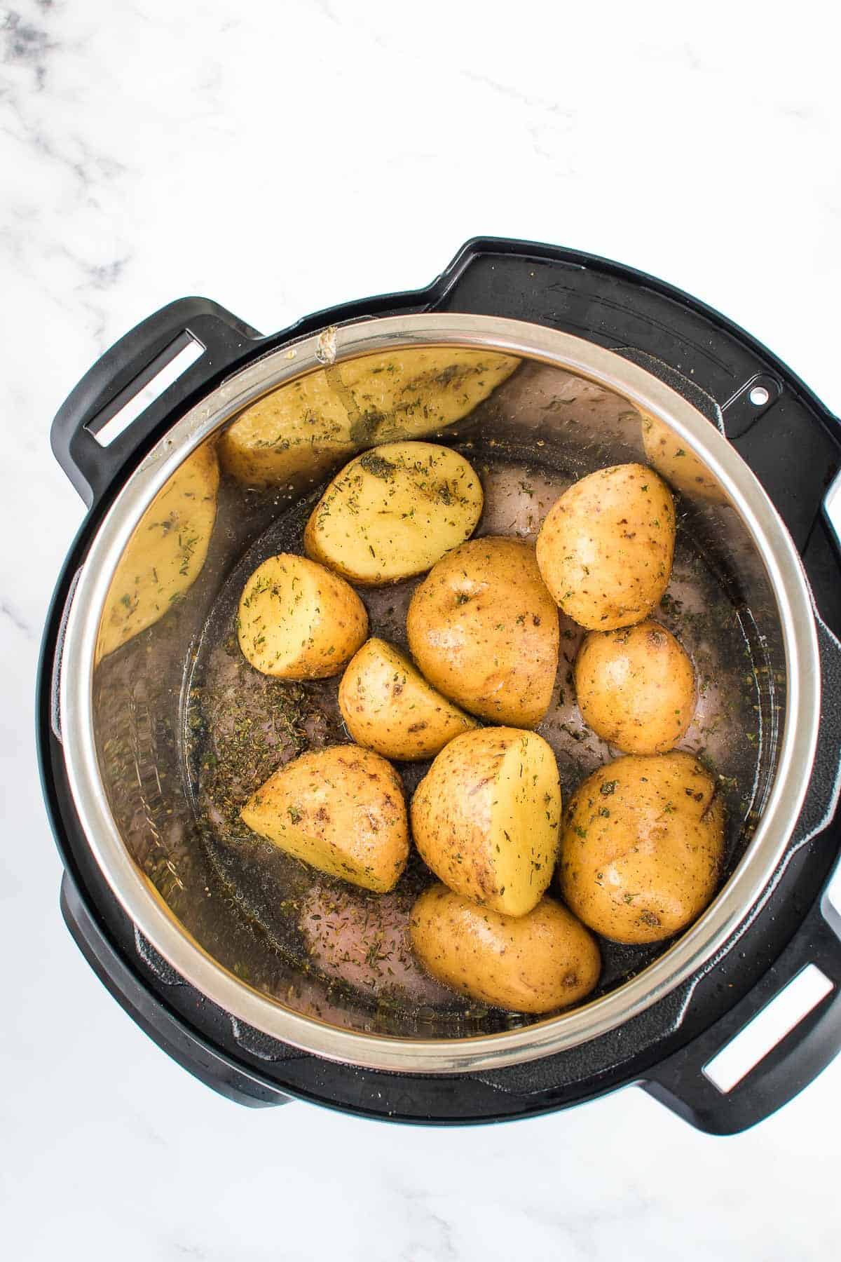 Chicken and potatoes in an instant pot.