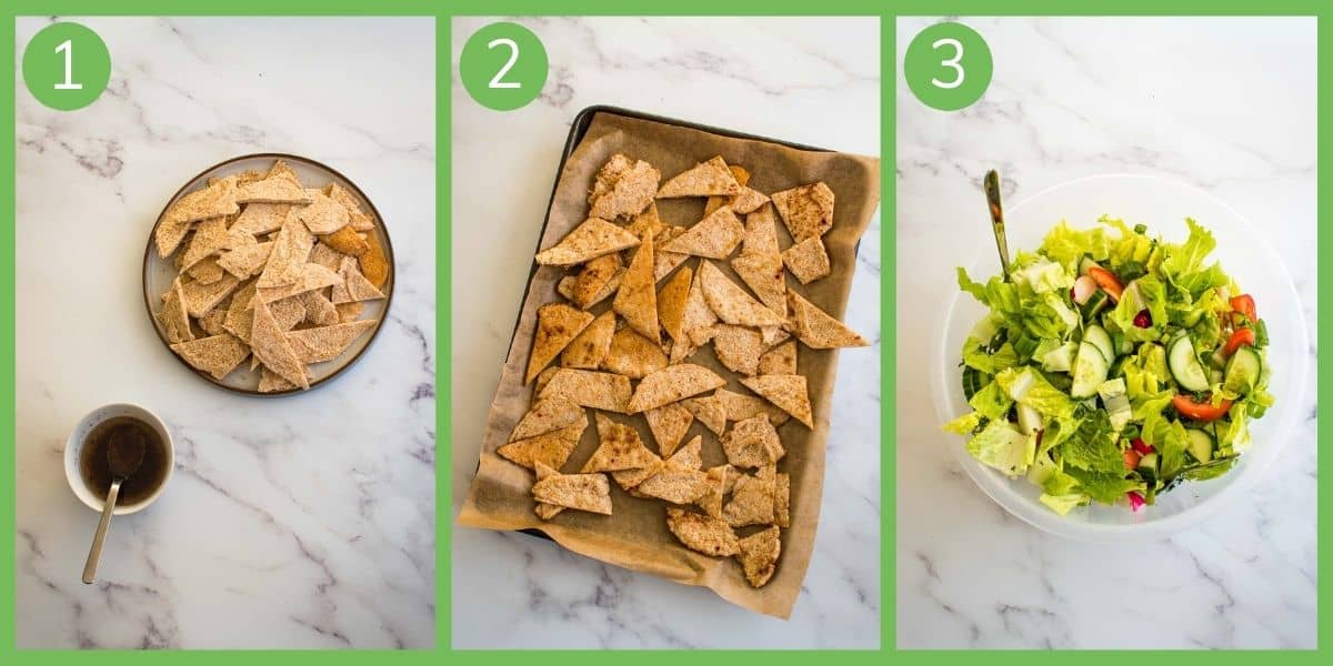 Step by step how to make Fattoush salad.