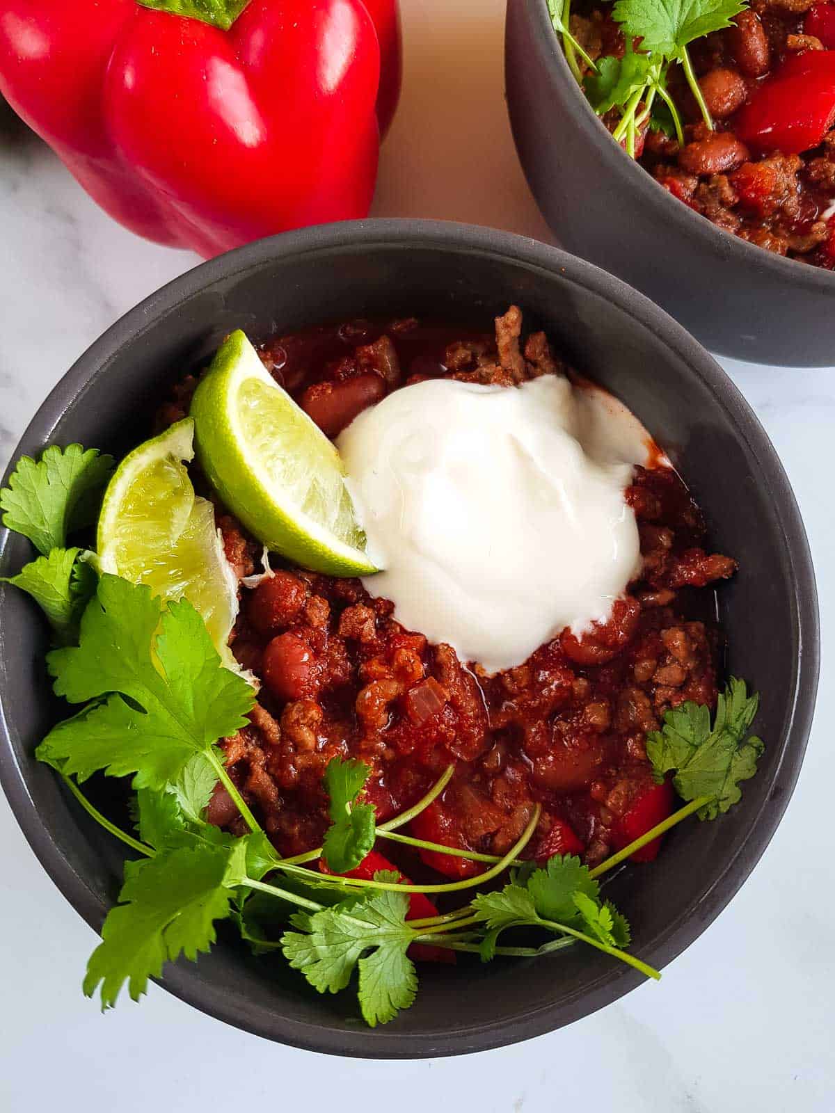 Close up of a bowl of slow cooker chilli con carne.