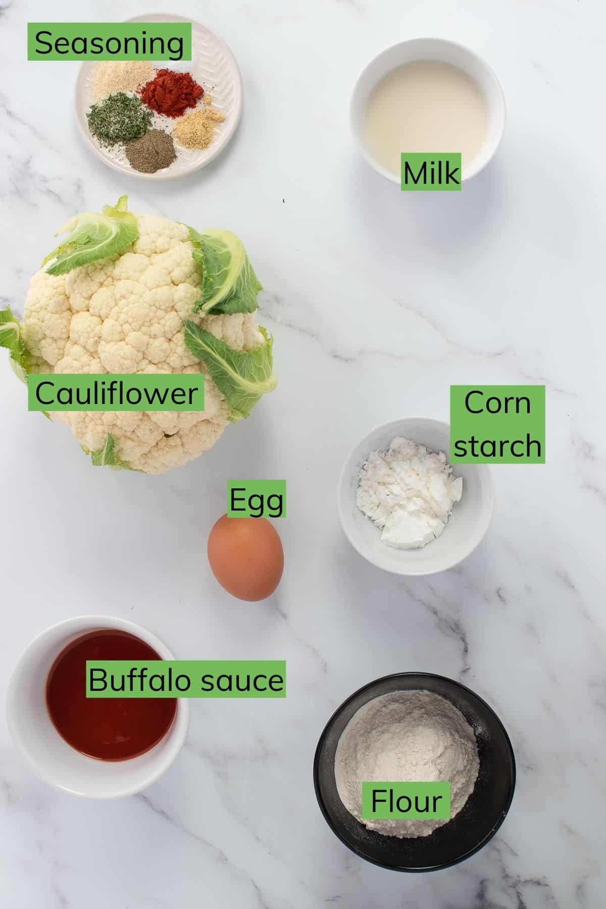 Ingredients required to make air fryer buffalo cauliflower wings.