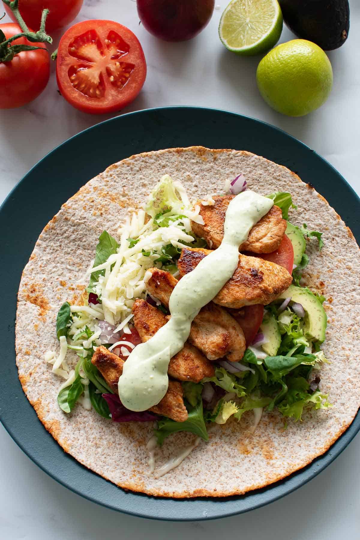 Chicken avocado wraps with avocado lime ranch dressing.