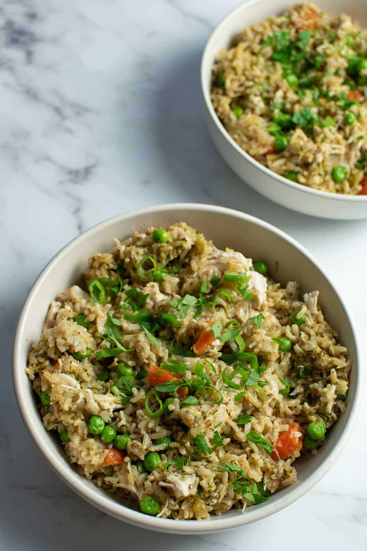 A bowl of pressure cooked chicken and rice.