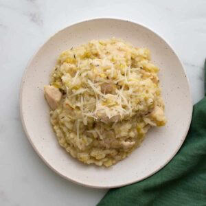 Chicken and Leek Risotto on a plate.