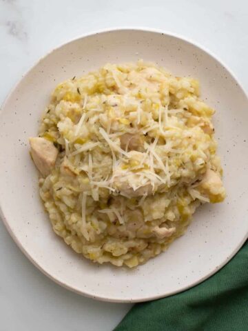 Chicken and Leek Risotto on a plate.