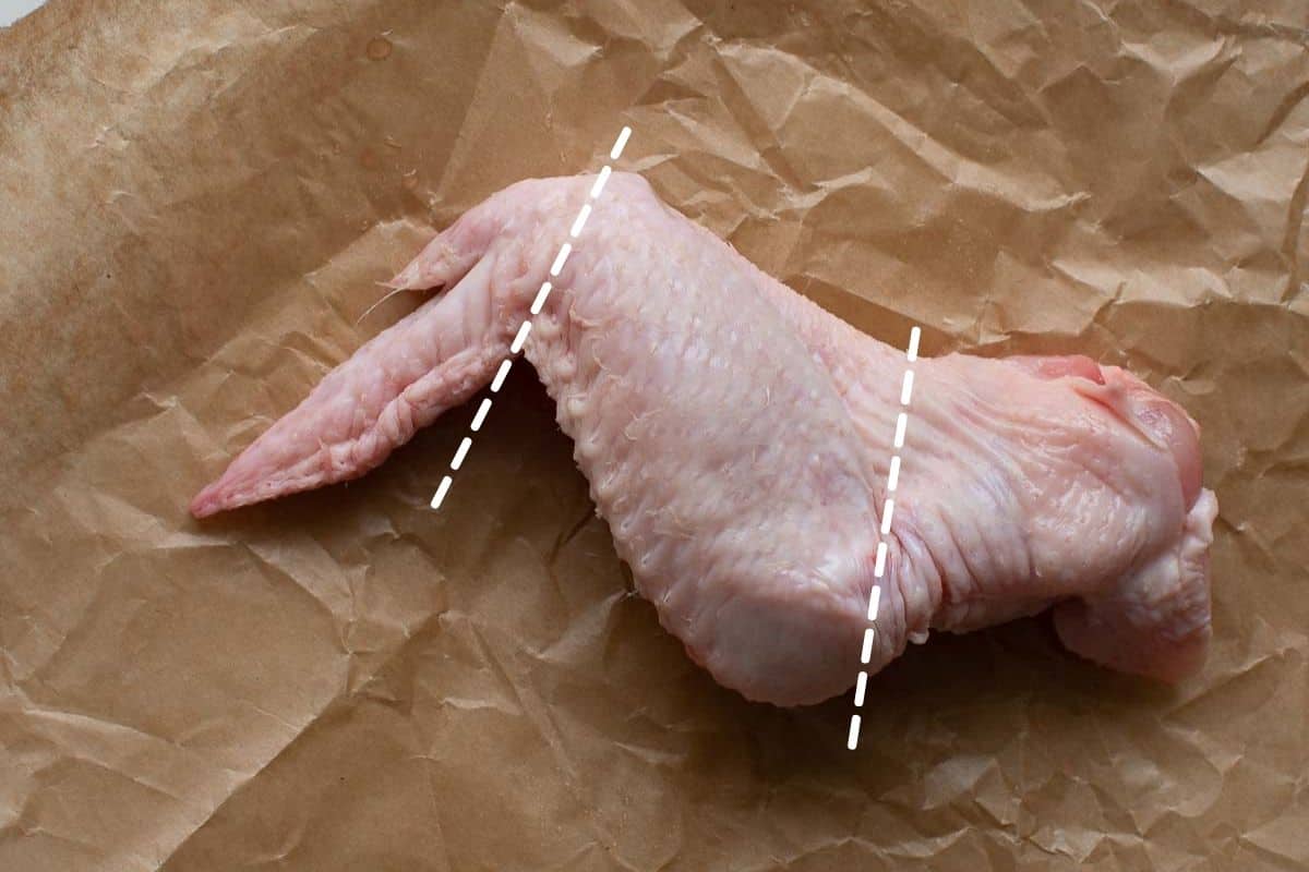 Whole chicken wing with lines to indicate where to cut it.