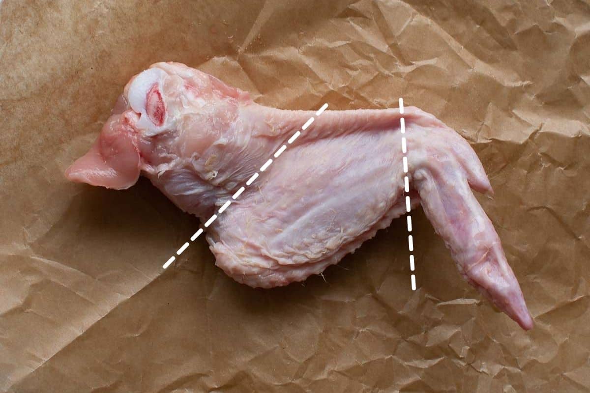 Whole chicken wing with lines indicating where to separate it.