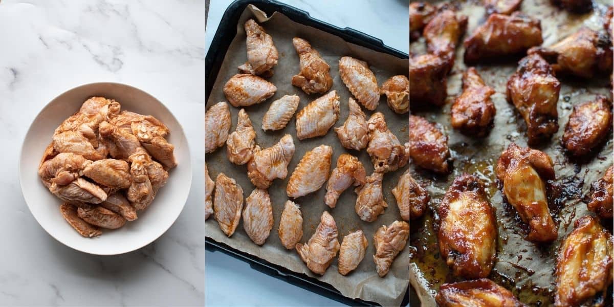 Step by step images showing how to make oven baked BBQ wings.