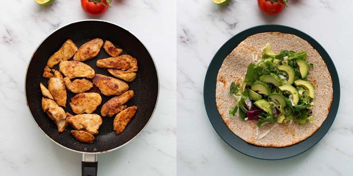 A frying pan with cooked chicken next to a plate with a tortilla topped with lettuce and avocado.