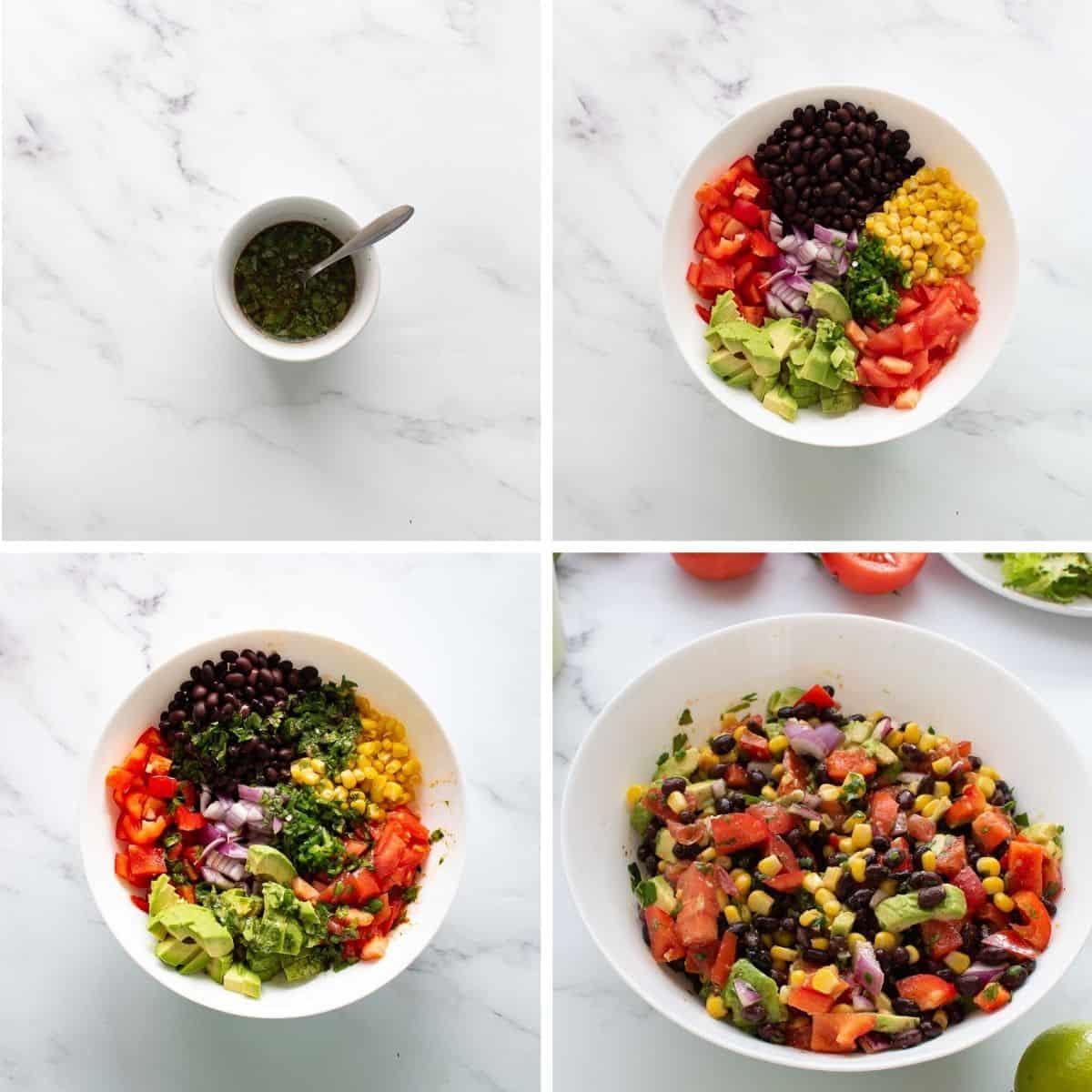 Step by step images showing how to make black bean corn salad.