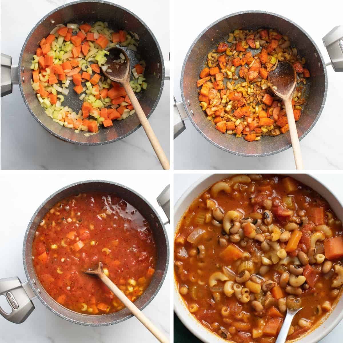 Step by step images showing how to make Black Eyed Pea Soup.