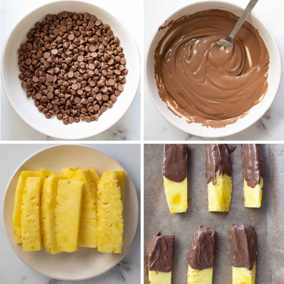 Step by step images showing how to make pineapple dipped in chocolate.