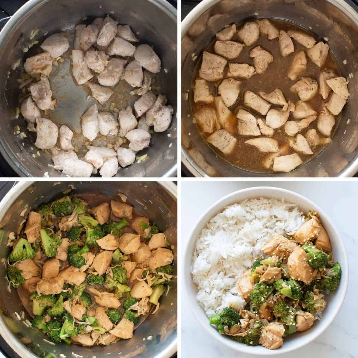 Step by step images showing how to make chicken and broccoli in an instant pot.