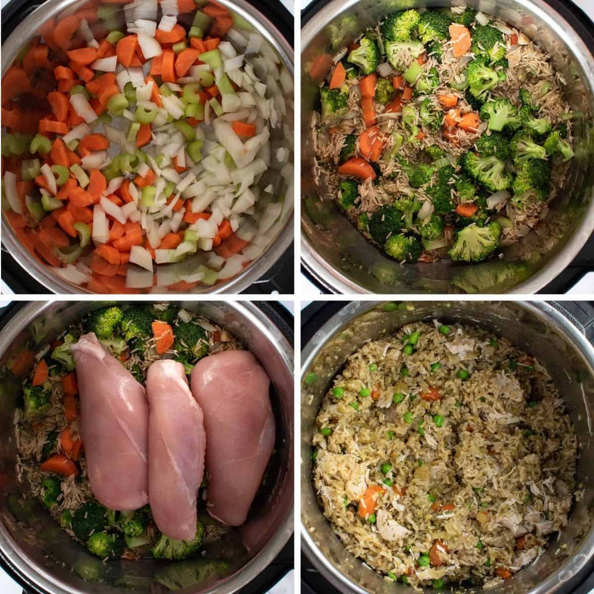 Step by step instructions showing how to make chicken and rice in pressure cooker.