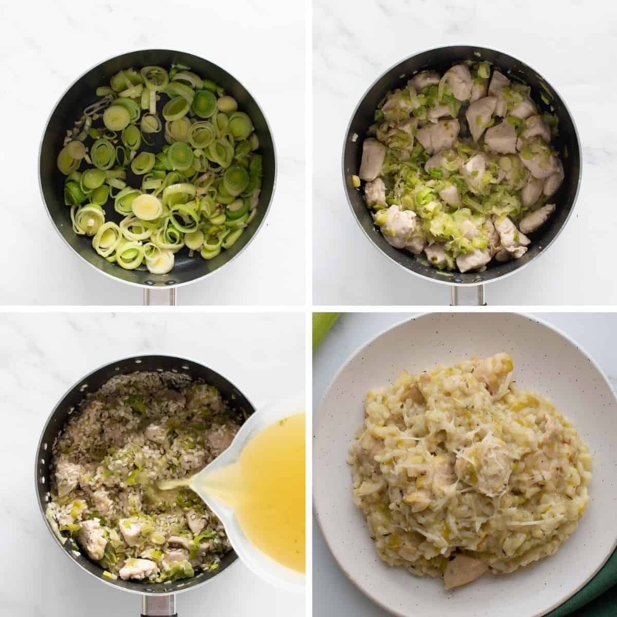 Step by step images showing how to make chicken leek risotto.