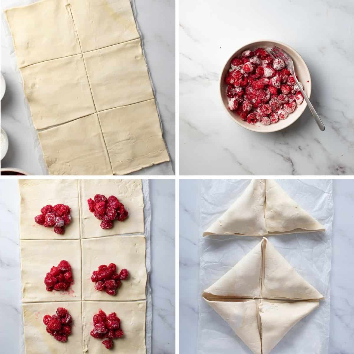 Step by step instructions showing how to make turnovers with raspberries.