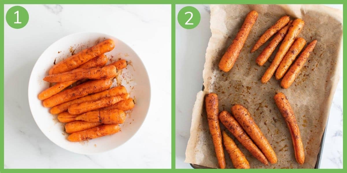 Steps showing how to make spicy roasted carrots.