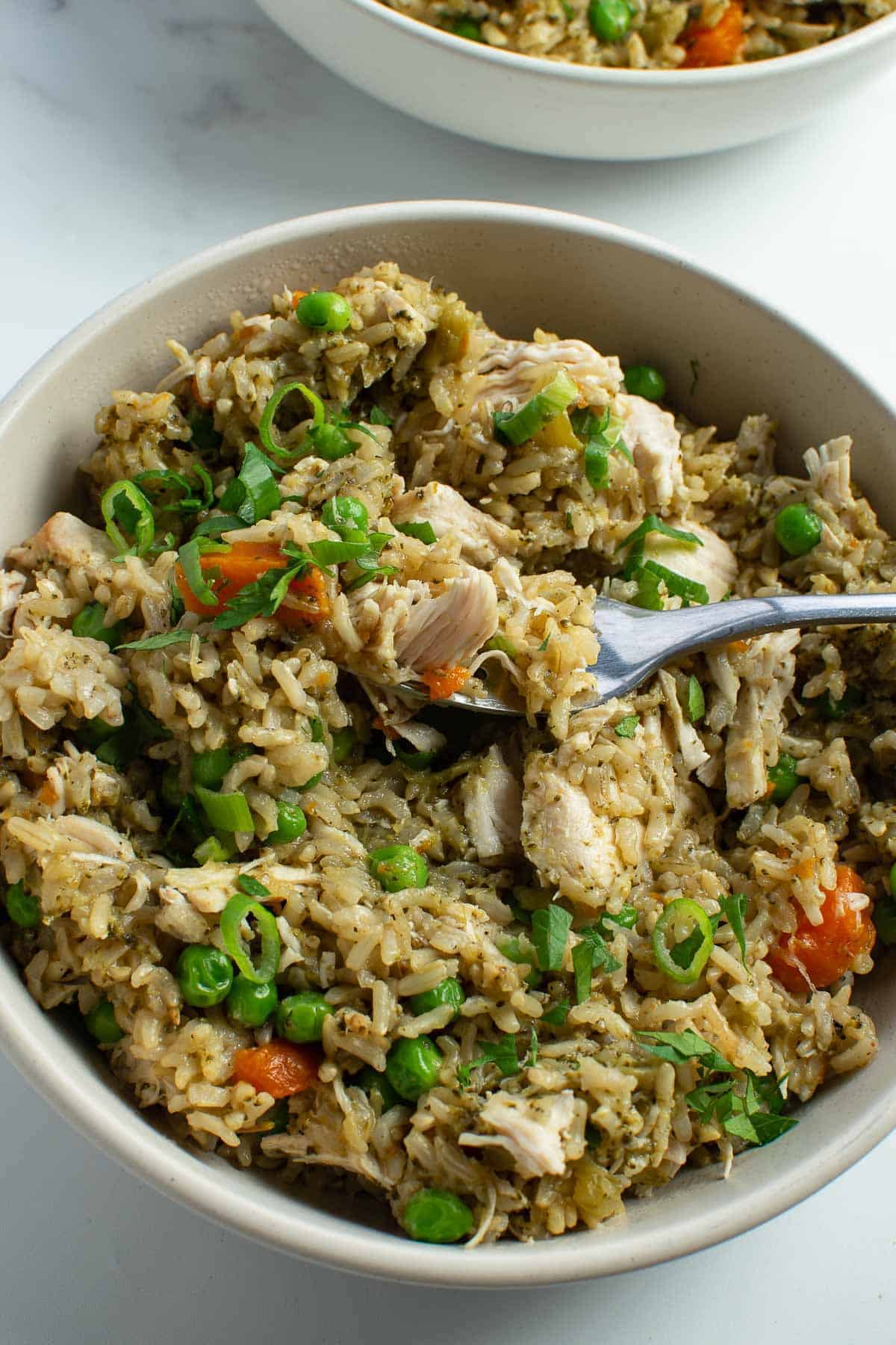 Instant pot chicken and rice garnished with parsley and scallions.