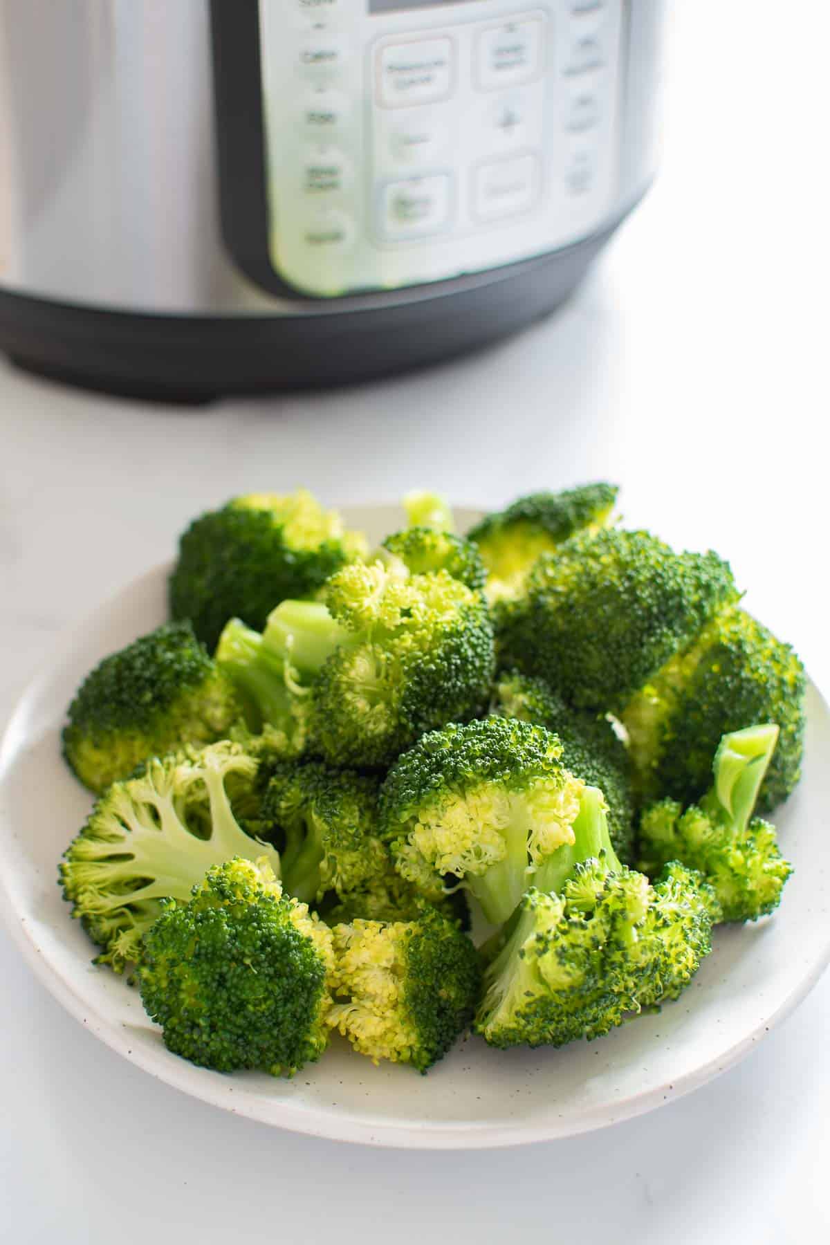 A plate with steamed broccoli florets, with an instant pot in the background.