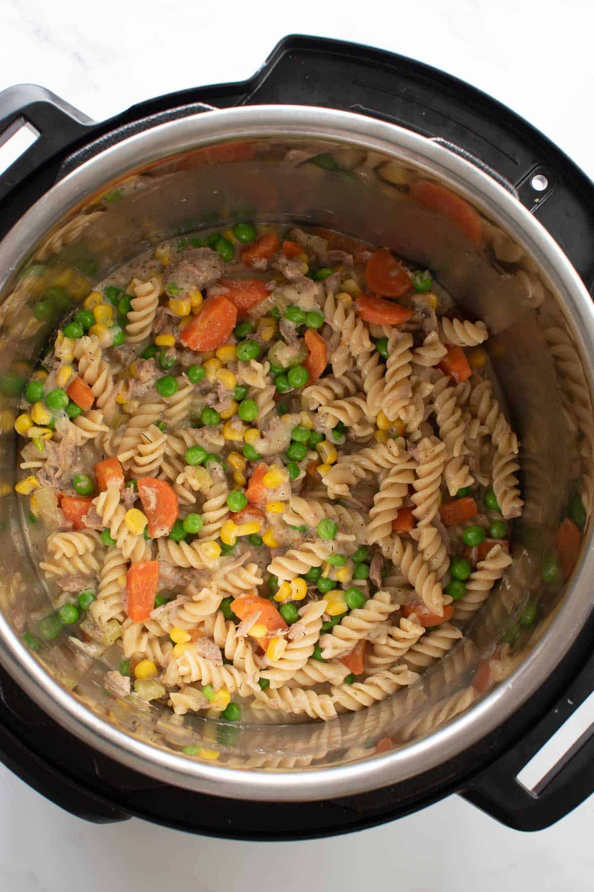 Tuna and noodles in a pressure cooker.