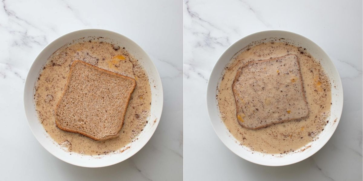 Two images showing how to dunk sliced bread into the French toast liquid.