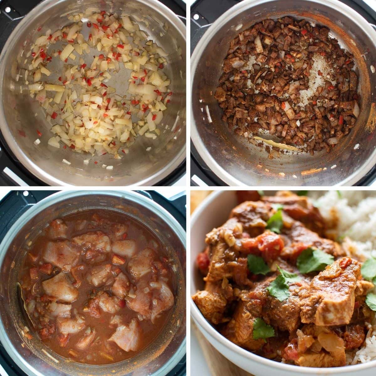 Step by step images showing how to make Instant Pot chicken curry.