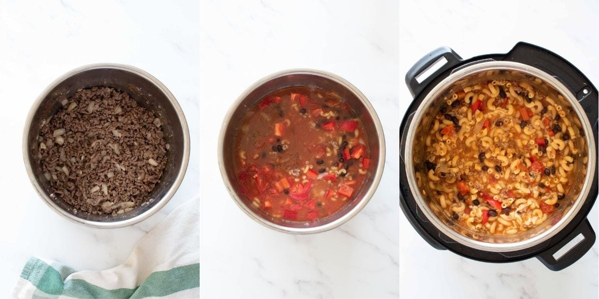 Step by step images showing how to make Instant Pot chili mac.