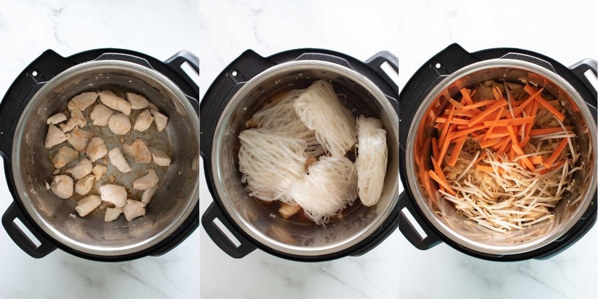 Step by step images showing how to make pad thai in the Instant Pot.