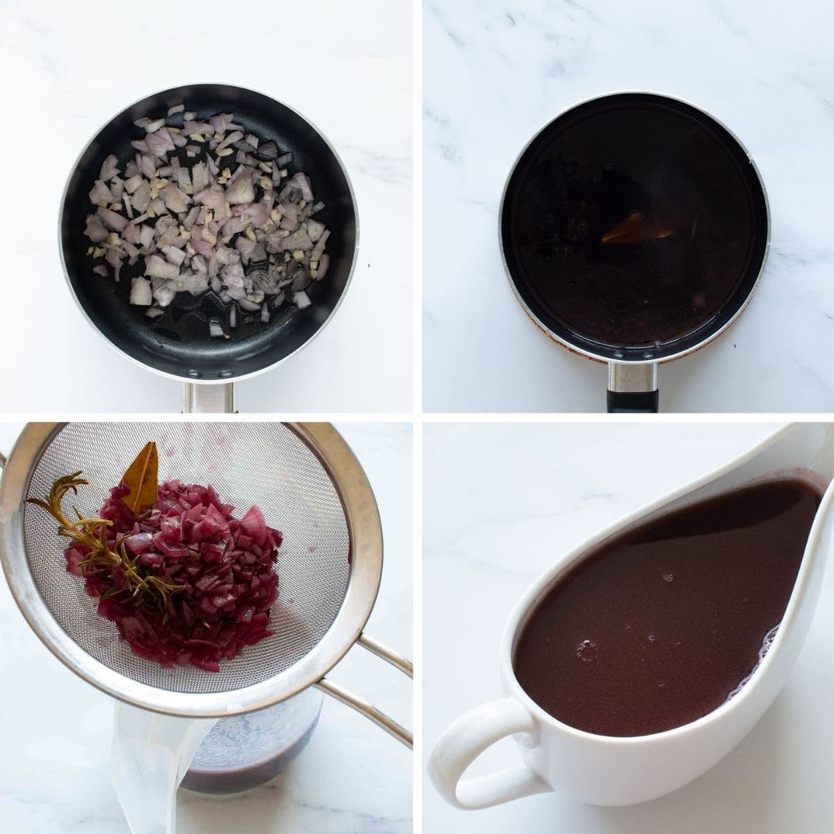 Step by step images showing how to make red wine jus.