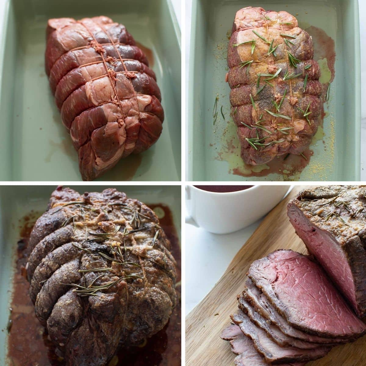 Step by step images showing how to roast topside of beef.