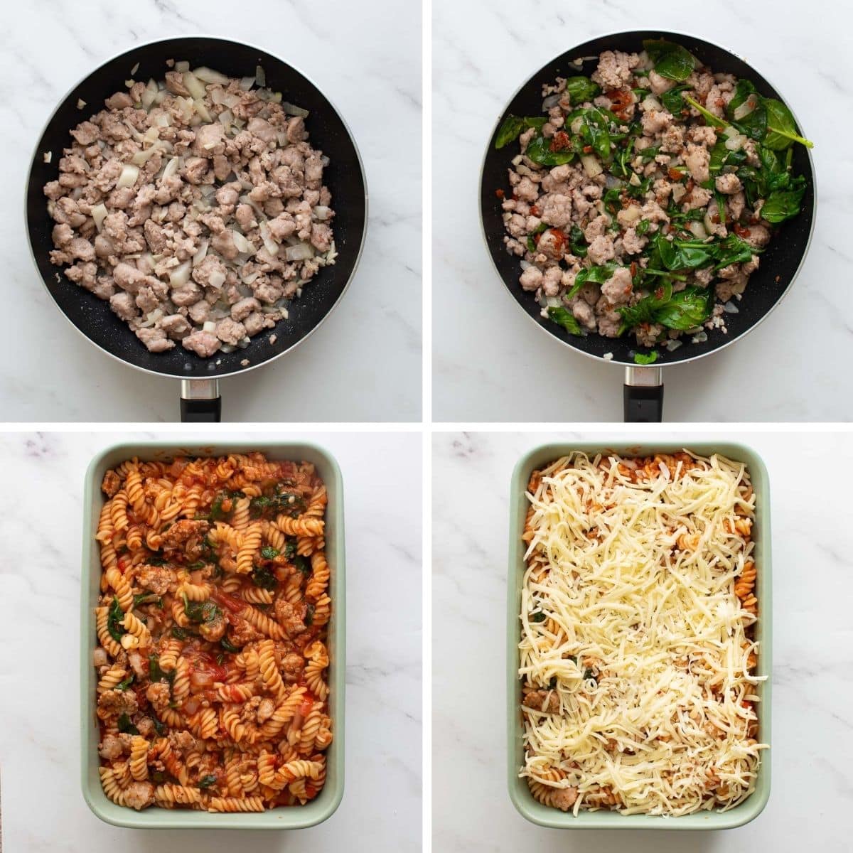 Step by step images showing how to make Sausage Pasta Bake.