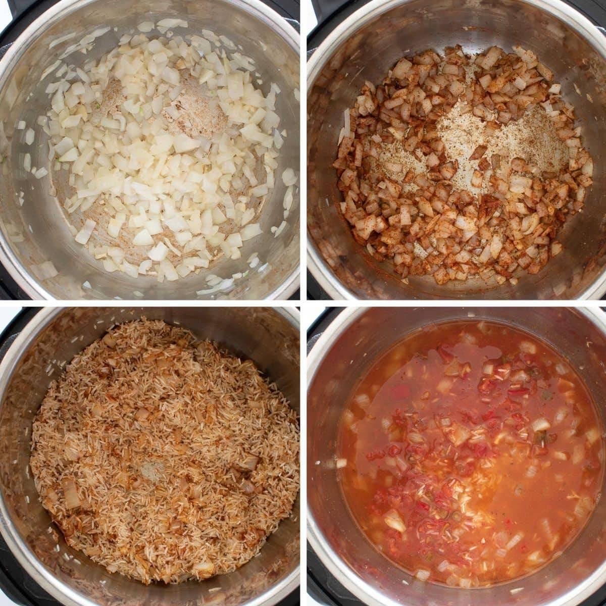 Step by step images showing how to make Spanish rice in your Instant Pot.