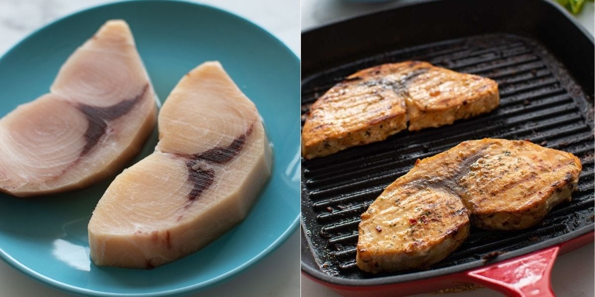 Step by step images showing how to make baked swordfish.