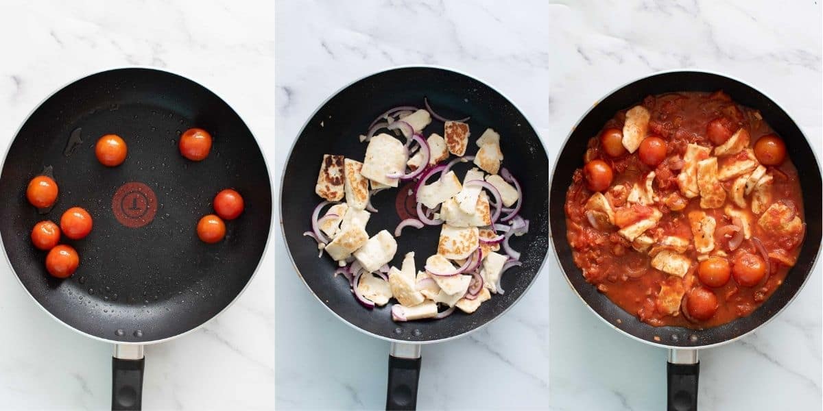 Step by step images showing how to make pasta with halloumi.