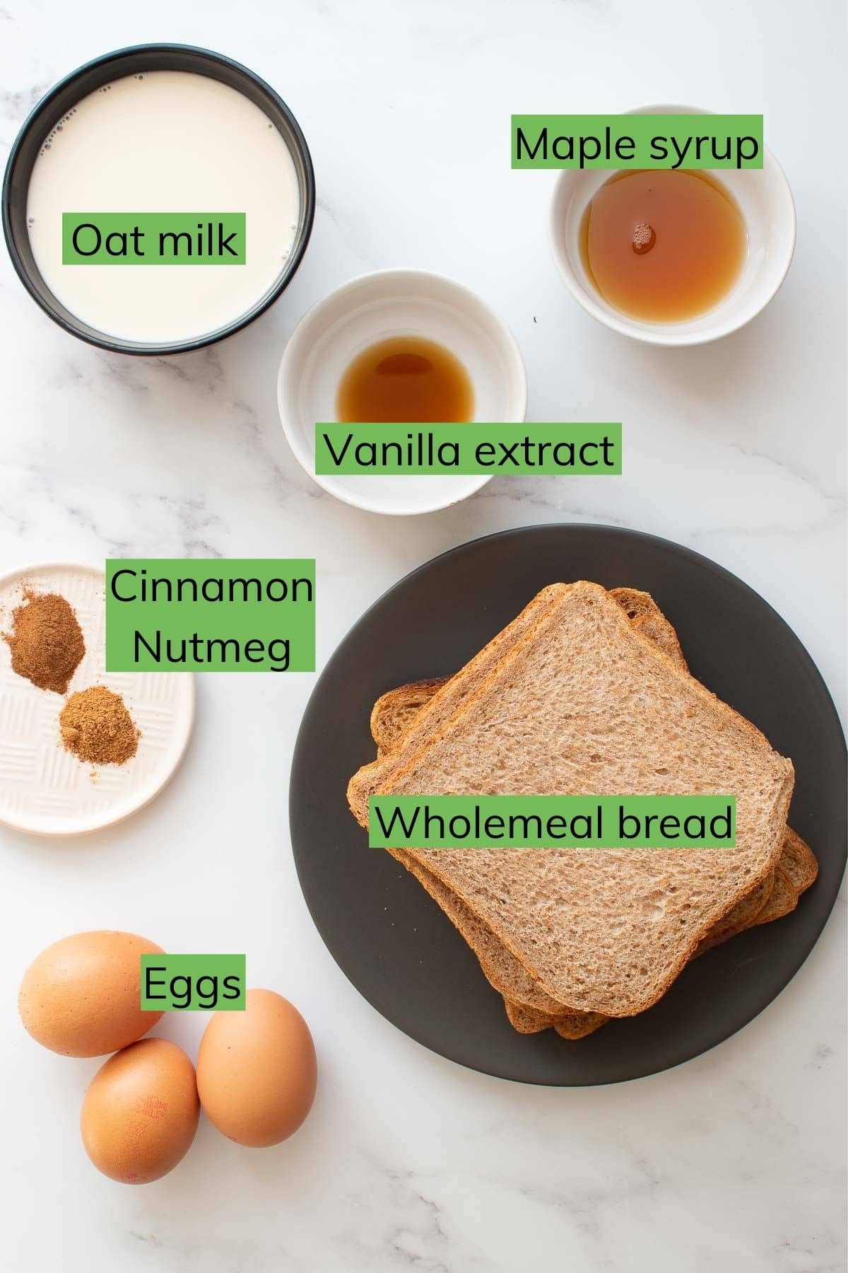 The ingredients needed to  make Healthy French Toast laid out on a table.